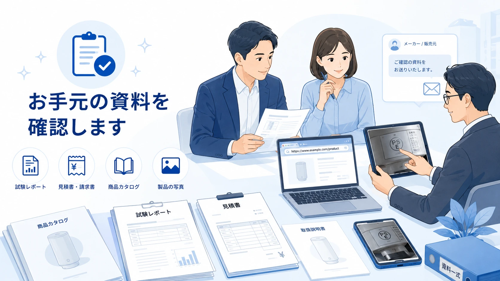 試験レポート、見積書、商品カタログ、製品写真などのお手元の資料を確認するイメージ